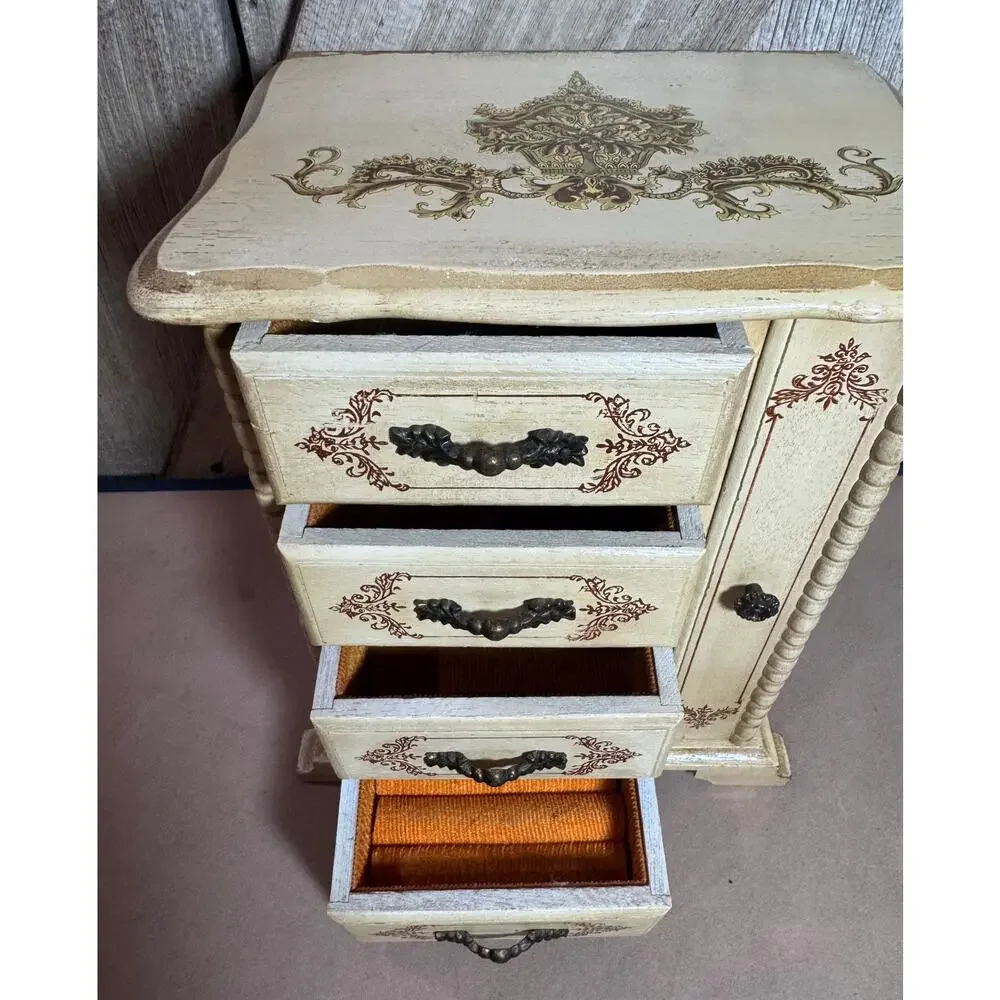 Vintage Gold Florentine Musical Jewelry Box Toyo Japan 4 Drawer Side Storage